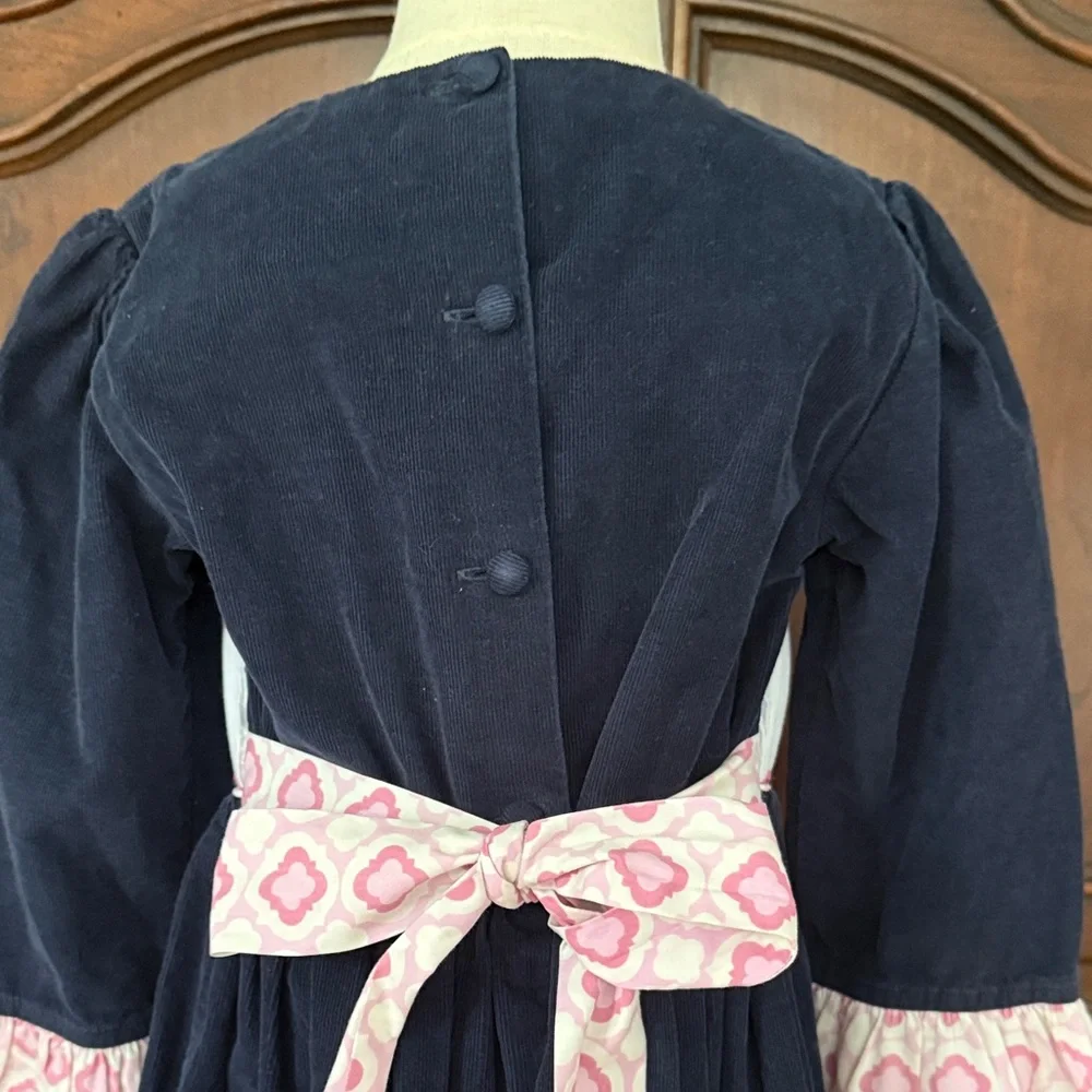 Shrimp & Grits Kids Elephant Applique Smocked Dress Girls 6 Navy Pink Tie Back B